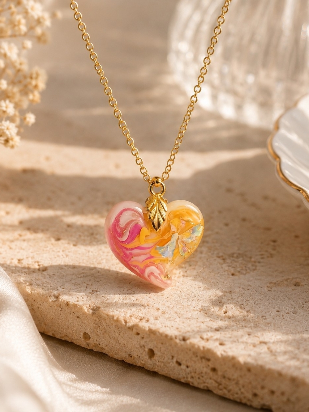 Heart Pendant Necklace with Pink & Yellow Swirl